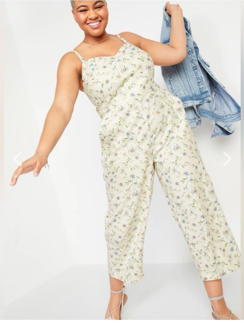 Old Navy Sz M Cropped White Floral Feminine Sleeveless Cami Linen Blend Jumpsuit